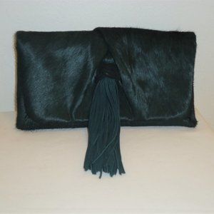 New! Brian Atwood DK. Green Calf Fur Clutch